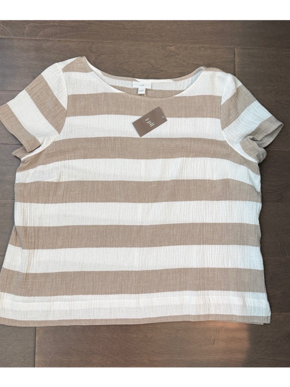 NWT J. Jill Gauze Cotton Beige and White Striped Short-Sleeve Tee Large
